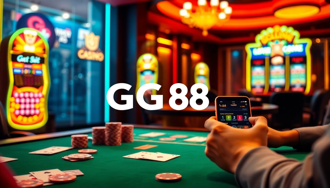 Players enjoying a thrilling experience at GG88 casino with vibrant gaming tables and slot machines.