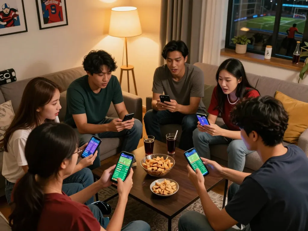 Xoilac sports betting excitement in a cozy living room with friends analyzing bets and strategies.