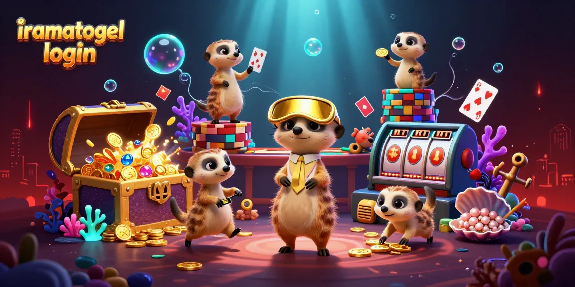 Gambaran iramatogel login yang menggambarkan meerkat menjalankan operasi kasino dengan penuh warna.