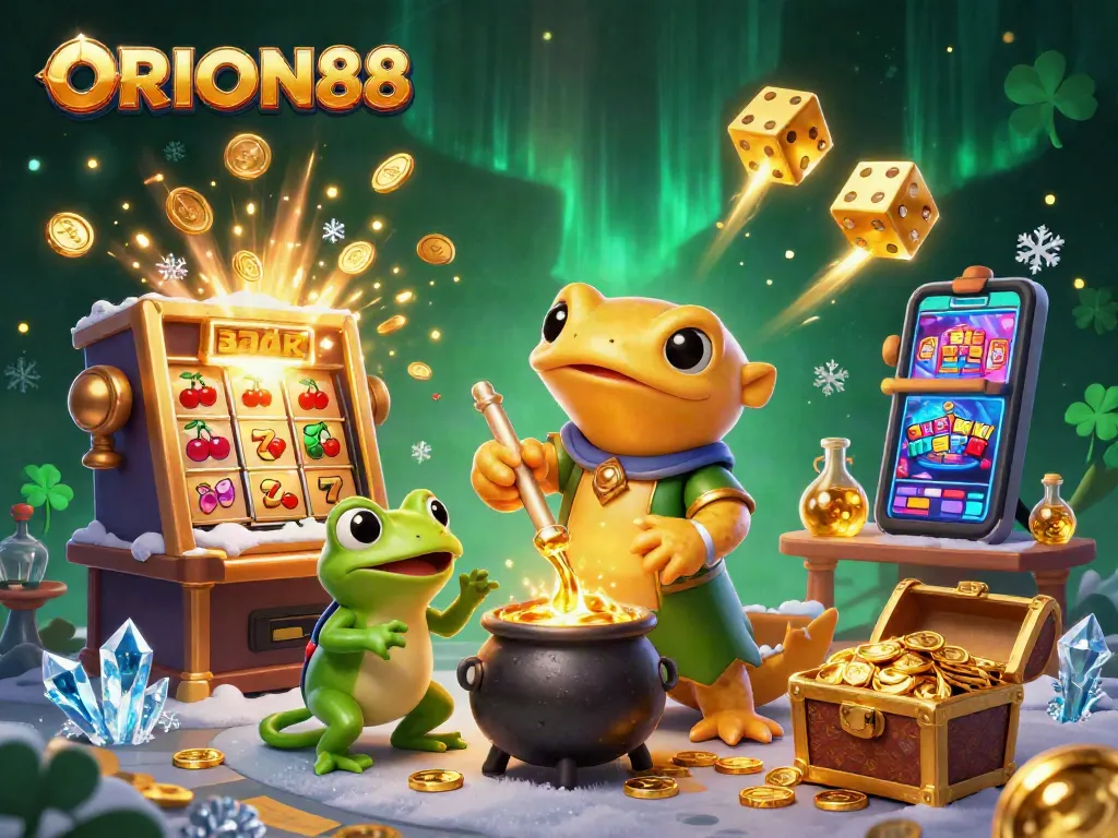 Spin and win with ORION88 in a lively fantasy casino scene featuring a gold salamander alchemist and rich gaming elements.