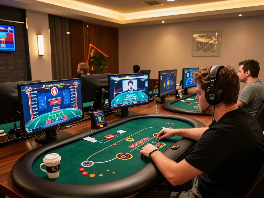 Player strategizing online poker at lv88, showcasing an engaging betting scene with multiple screens.
