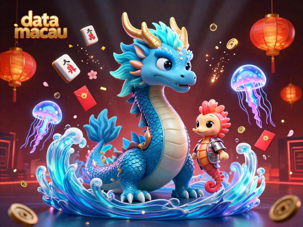 Spel data macau dengan naga air biru, ksatria kuda laut, dan lentera di latar belakang.