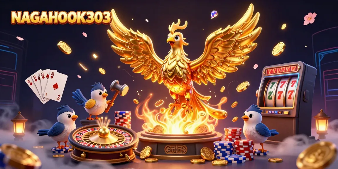 NAGAHOKI303 showcases an engaging scene with a molten golden phoenix and vibrant casino elements.
