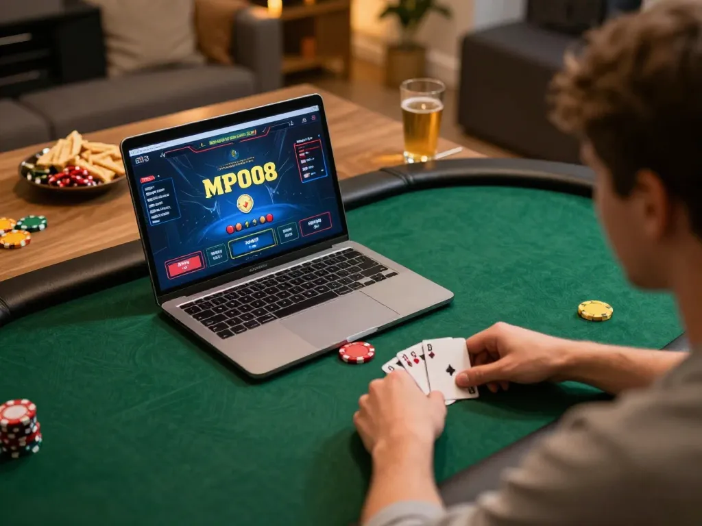 MPO08 player focused on poker session, enjoying interactive gaming at home with vibrant visuals.