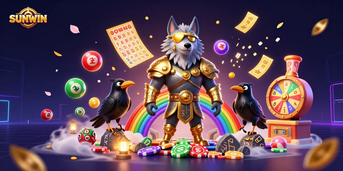 SUNWIN showcases a vibrant 3D casino scene with Odin and ravens, glowing elements, and dynamic lottery action.