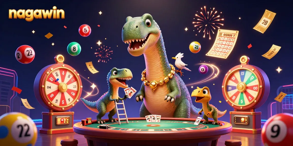Join the excitement at nagawin with a colossal brontosaurus overseeing vibrant lottery games and a clever raptor dealer.