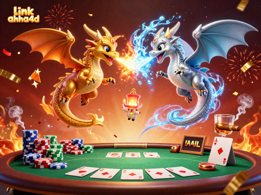 Menangkan dengan link ahha4d dalam ilustrasi 3D ceria dengan naga dan elemen permainan kartu.