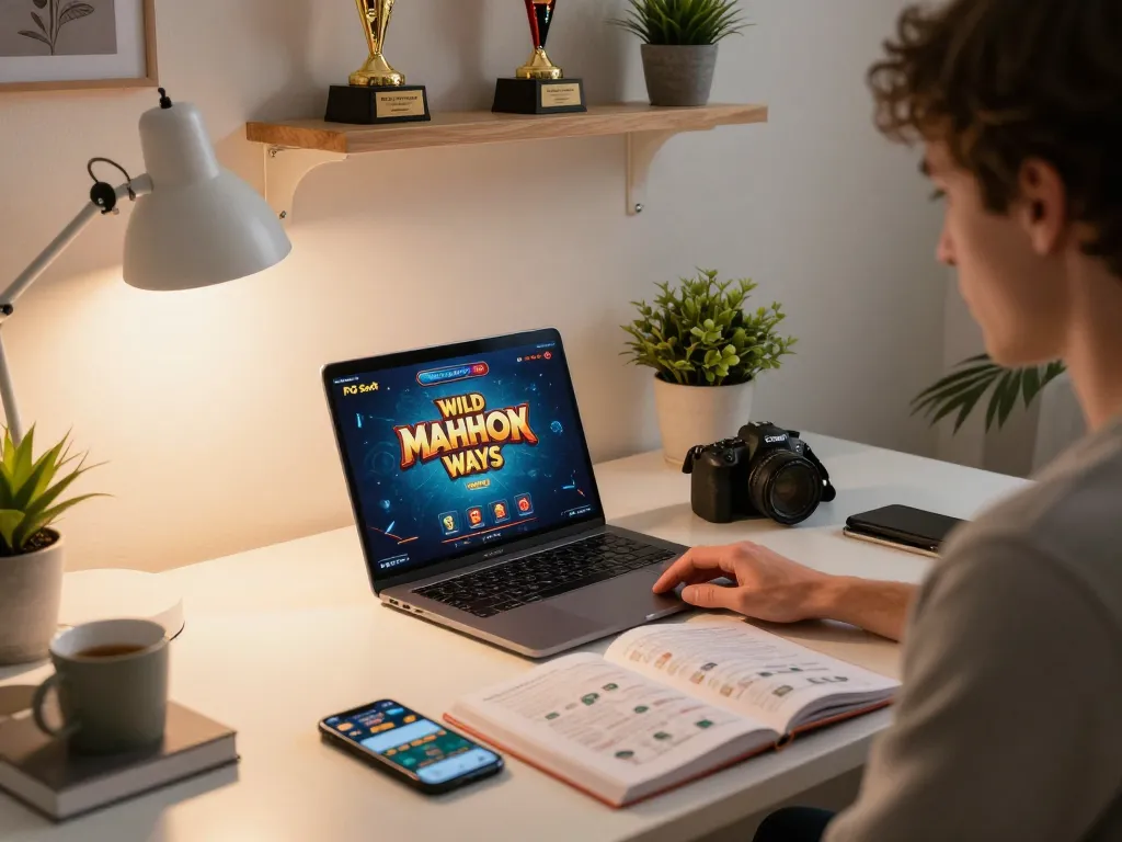 IDNSCORE online gaming setup, player enjoying PG Soft Wild Mahjong Ways on laptop with betting strategy notes