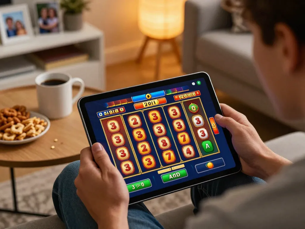 Pemain menikmati situs slot gacor di tablet dalam pengaturan ruang tamu yang nyaman, menekankan permainan online.