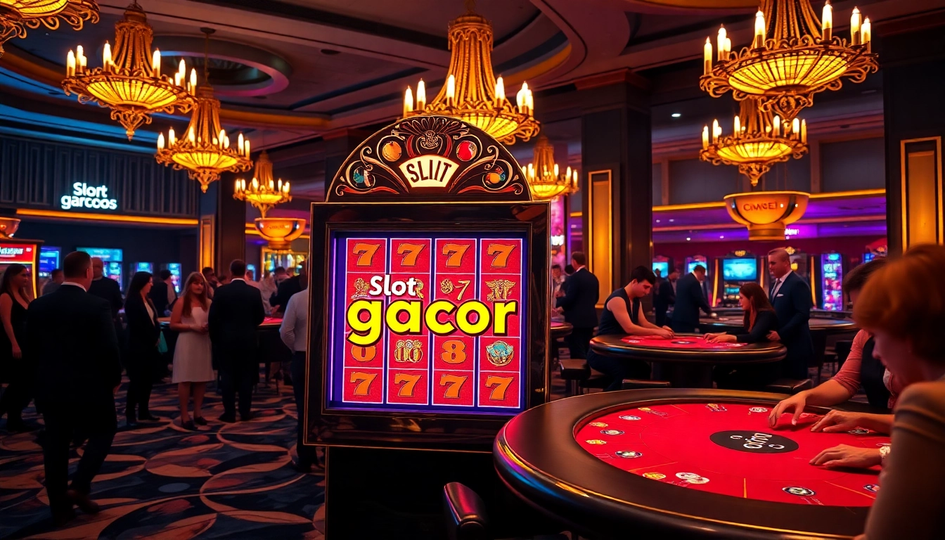 Experience the excitement of slot gacor in a luxurious casino setting with players at machines.