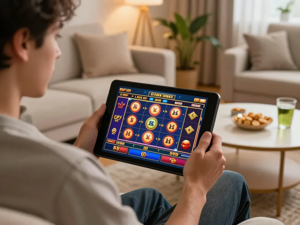 Player engaging with KEONG178 slot games on a tablet in a cozy home environment
