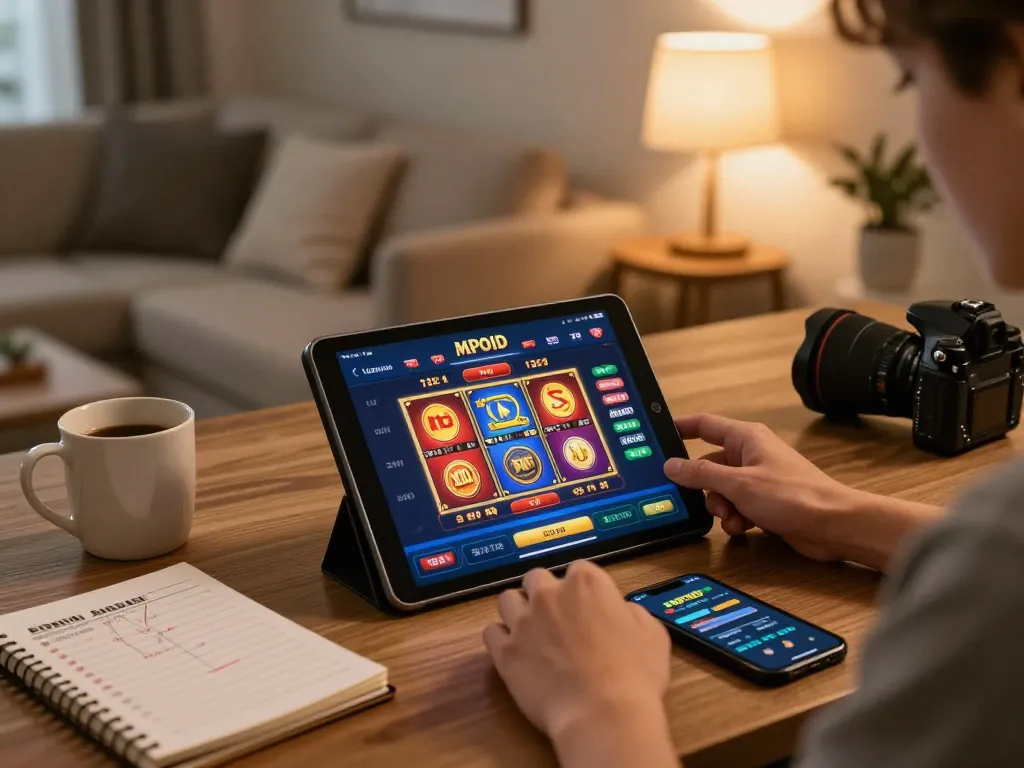 MPOID gaming on tablet showcasing vibrant slot games in a cozy home setup.