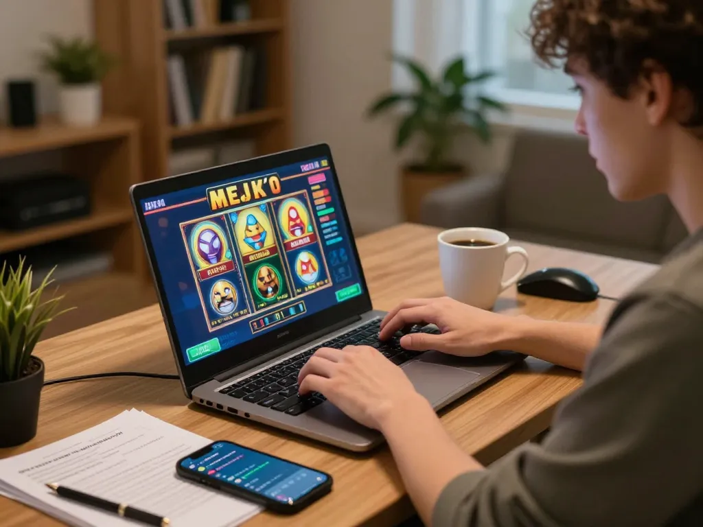 Berinteraksi dengan gameplay mega slot yang mendebarkan di laptop dalam pengaturan rumah yang nyaman, mencerminkan hiburan strategis.