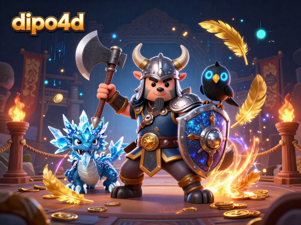 Engage in dipo4d's thrilling action with a Viking warrior, fierce dragon, and animated gaming elements.