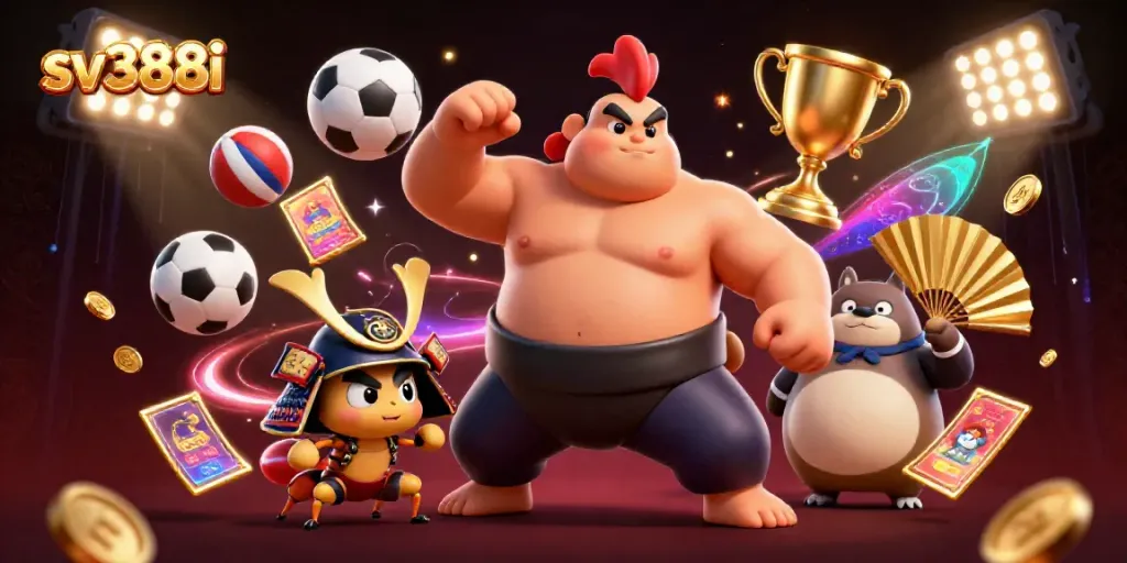Experience the excitement of sv388i with a powerful sumo wrestler, a fierce cricket, and dynamic sports betting elements.