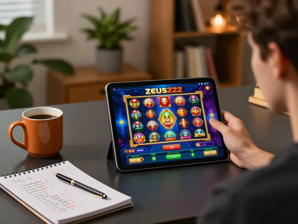 Person analyzing betting strategies while playing ZEUS222 slot game on tablet amidst a cozy home setting