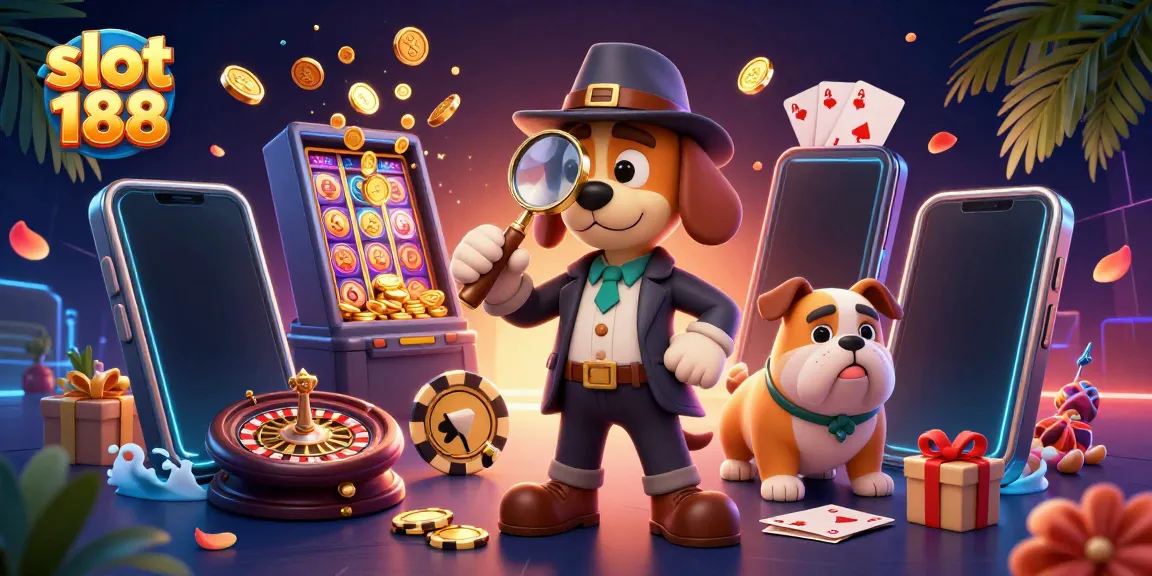 Slot 188 menampilkan detektif dan bulldog menjelajahi petunjuk jackpot emas dalam ilustrasi 3D
