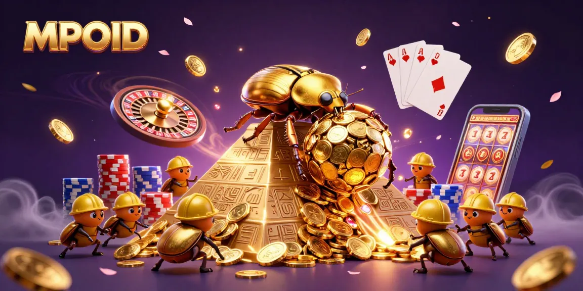 MPOID players experience thrilling wins with golden beetles rolling coins in vibrant casino scene
