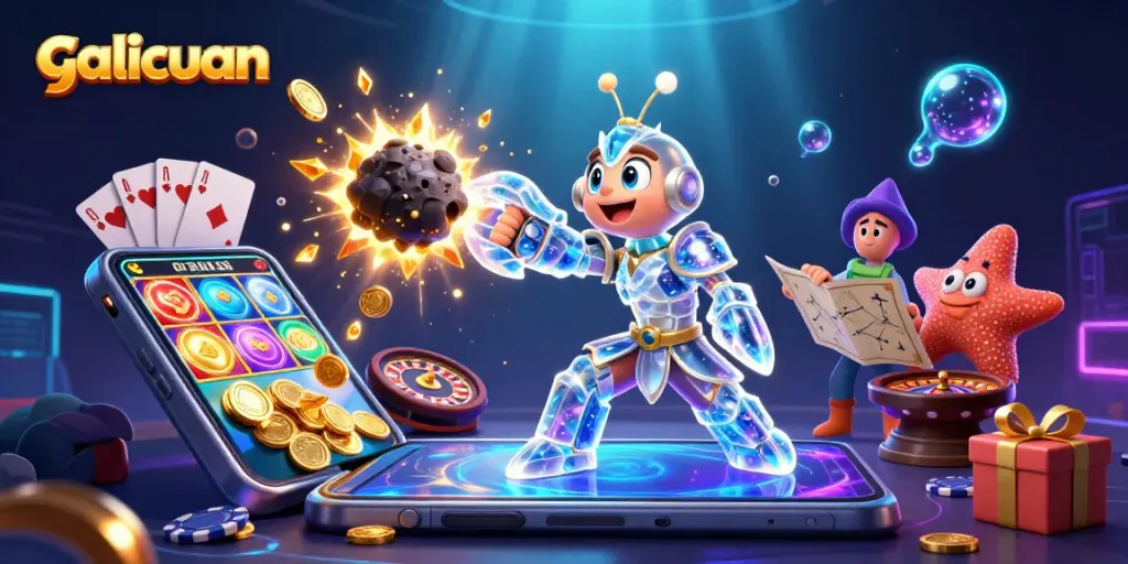 Galicuan menunjukkan samurai mantis galaksi memukul batu dengan emas dan koin bersinar dalam permainan slot.