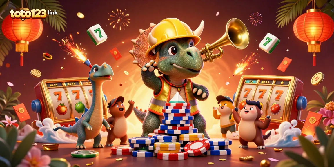 Experience gaming fun with the dynamic representation of toto123 link as characters celebrate with colorful casino elements.