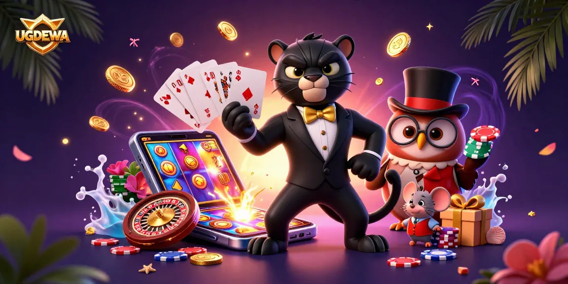 Engage with UGDEWA's exciting gaming experience featuring a stylish panther dealing cards and vibrant game elements.