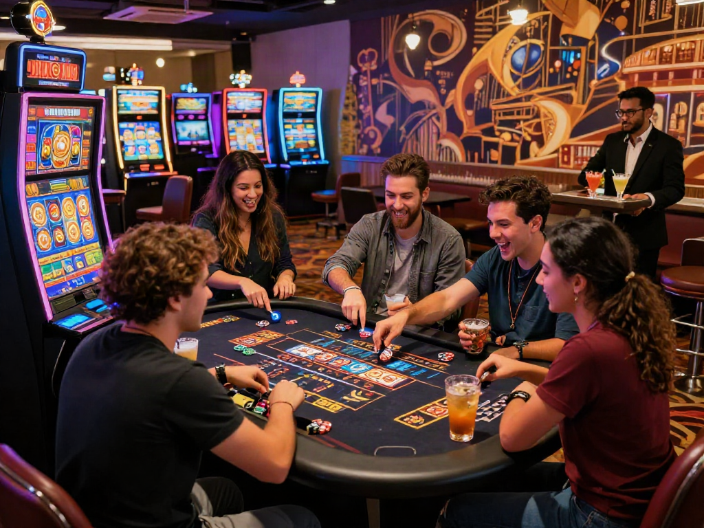 Exciting casino scene playing Slot MAHJONGJP88 with friends, vibrant lighting, and lively atmosphere.