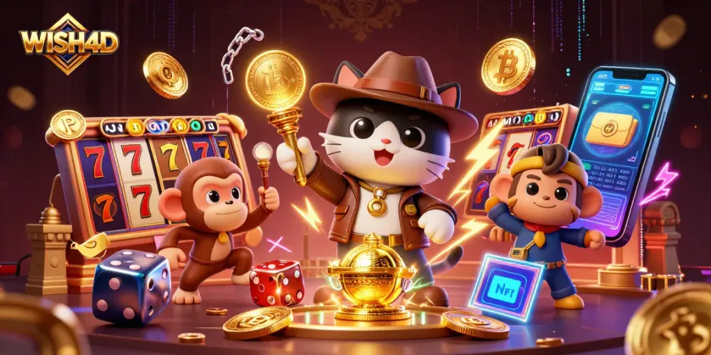 Exciting gameplay at WISH4D with an illustrated 3D explorer cat and monkey discovering casino treasures amidst slot machine elements.