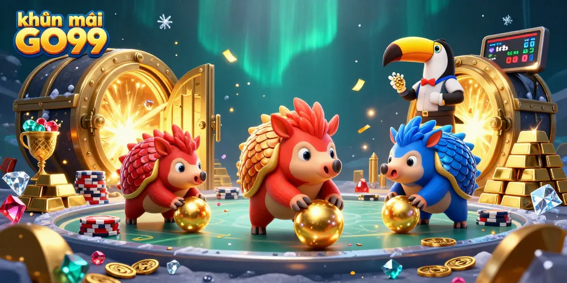 Spin the reels with khuyến mãi GO99 in a vibrant casino scene featuring pangolins and poker chips.