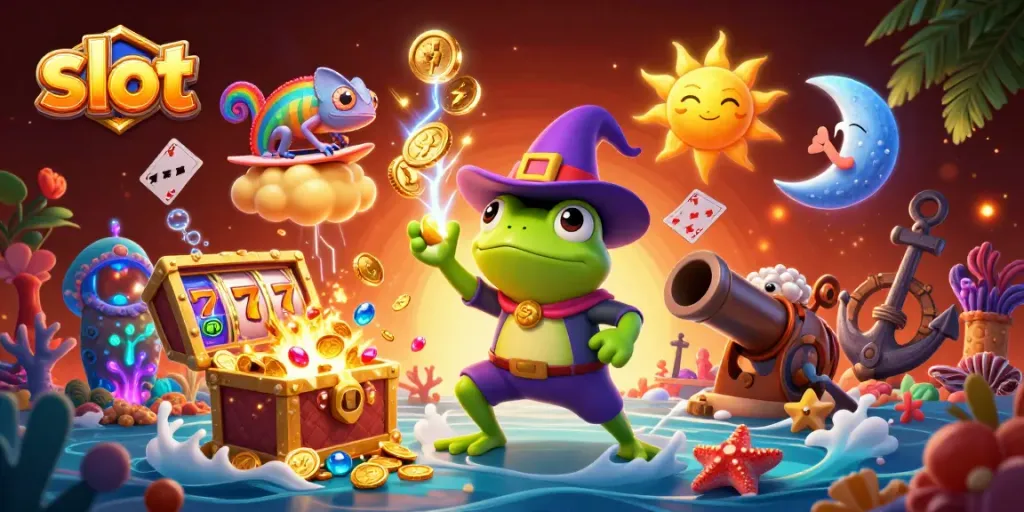 Spin exciting slot reels while golden coins rain down in this vibrant casino illustration.