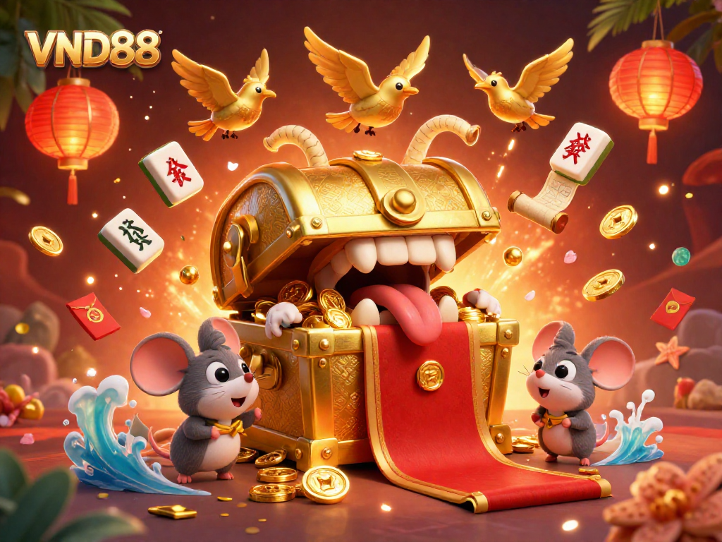 Experience thrilling gaming action at VND88 with a vibrant treasure chest and casino-themed illustration.