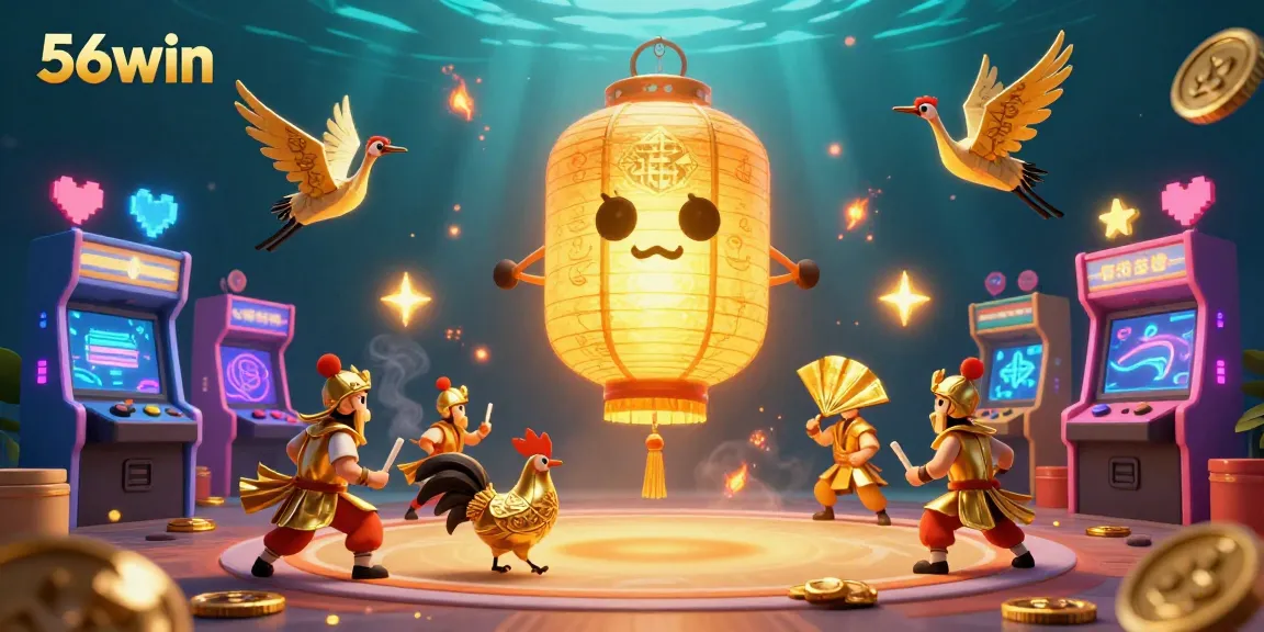 Experience the thrill of cockfighting at 56win's vibrant gambling environment, featuring golden symbols and engaging elements.
