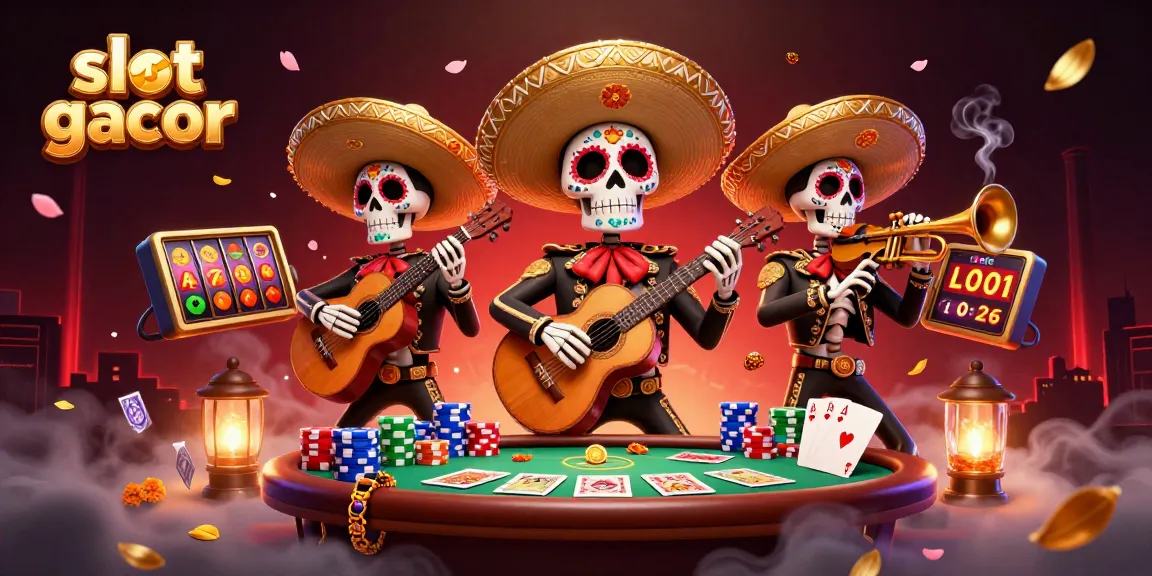Experience thrilling play at slot gacor with 3D cartoon mariachi band set in a vibrant casino atmosphere.
