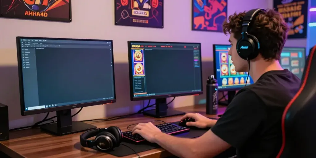 Permainan slot online AHHA4D dengan pemain antusias di depan komputer.