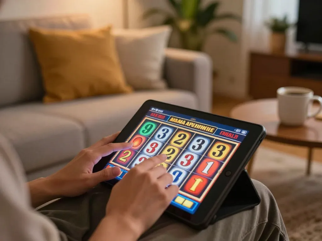 CM88 user enjoying online slots on a tablet in a cozy home setting