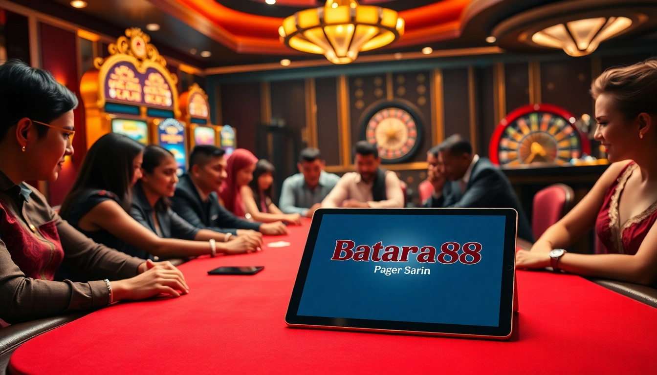 Experience the thrill of Batara88 with players at an upscale poker table in a luxurious casino setting.