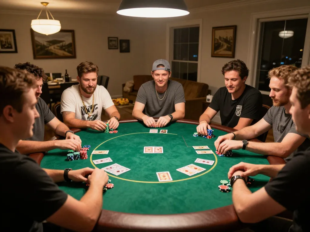 Players enjoying a competitive game of poker at home, showcasing GO8 during a lively poker night.