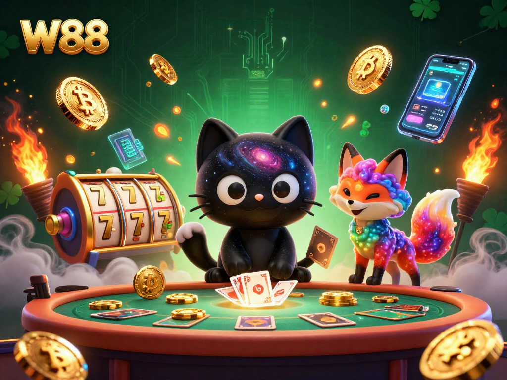 W88 offers thrilling gameplay with slots and crypto elements in a vibrant casino scene.