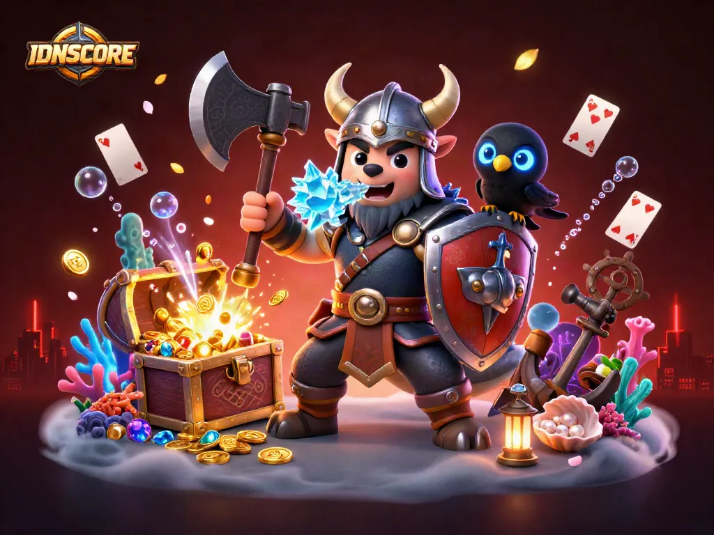 Engage with IDNSCORE's vibrant 3D illustration combining Viking warrior and fantasy elements.