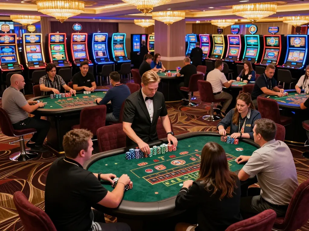 Kaisar888 casino atmosphere with players engaging in roulette and blackjack, vibrant and dynamic gaming experience.