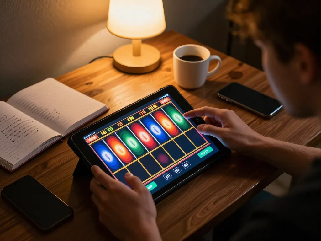 Playing slots on a tablet at home, showcasing the immersive surewin gaming experience.