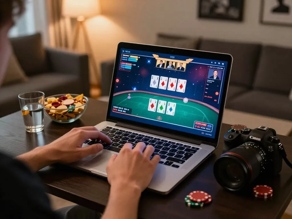 Engaging player strategizing in online poker game using mpoid, focused on laptop screen in cozy home