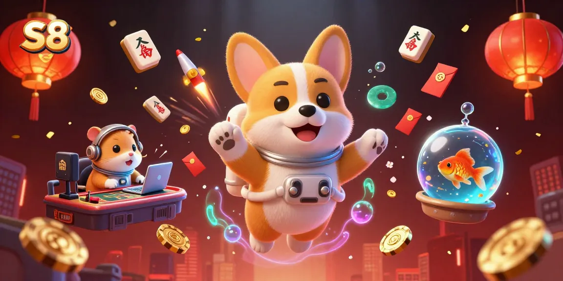 Experience the exciting world of S8's vibrant casino with a playful astronaut corgi and floating treasures.