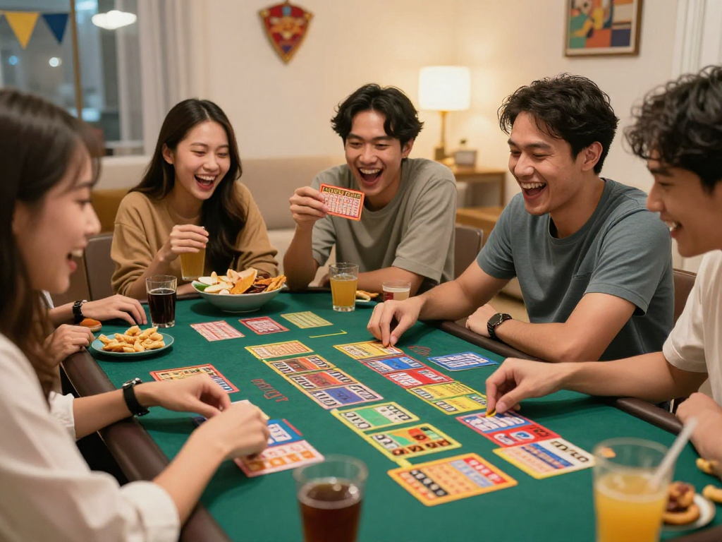 Togel online seru bersama teman-teman di meja permainan, tiket warna-warni dan ekspresi ceria.