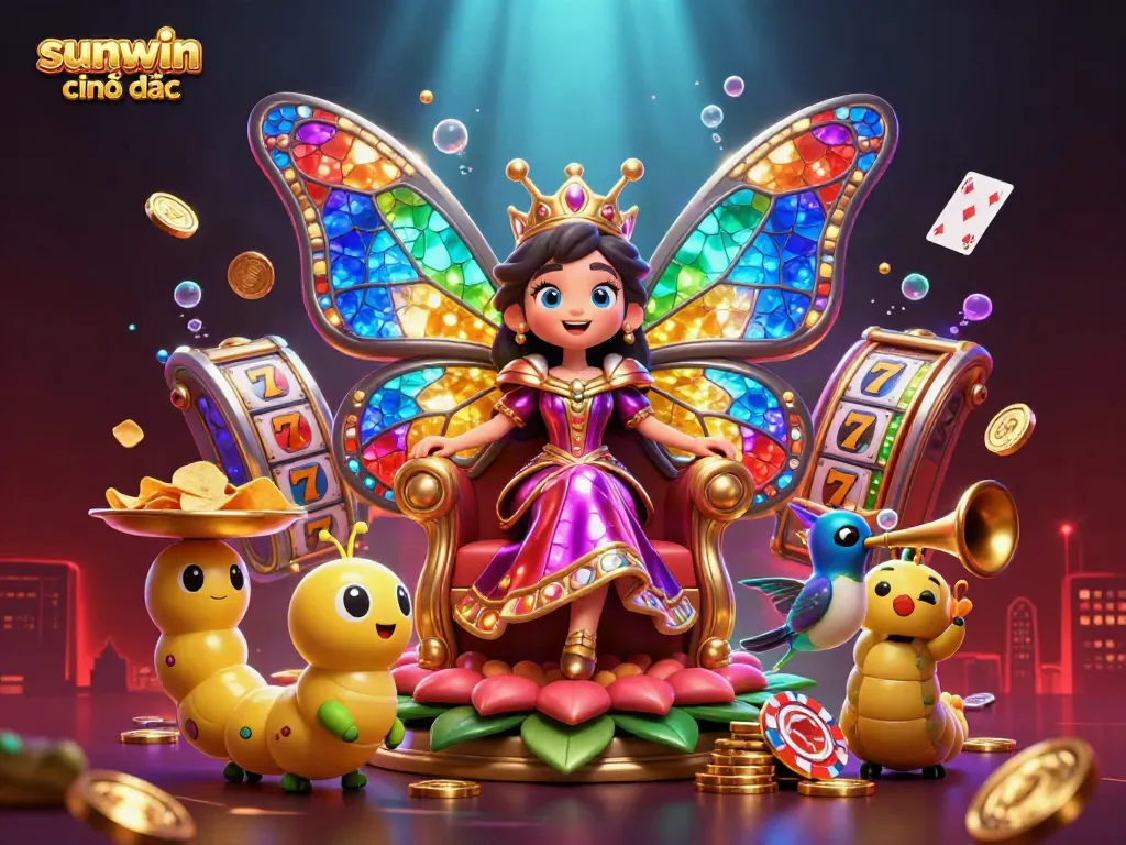 Engage with thrilling slot games at sunwin chính thức through a vibrant illustration featuring captivating characters and dynamic casino elements.