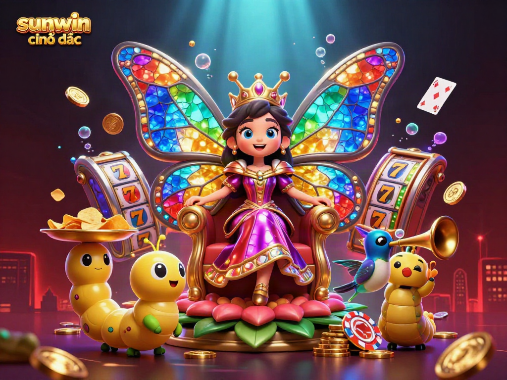 Engage with thrilling slot games at sunwin chính thức through a vibrant illustration featuring captivating characters and dynamic casino elements.