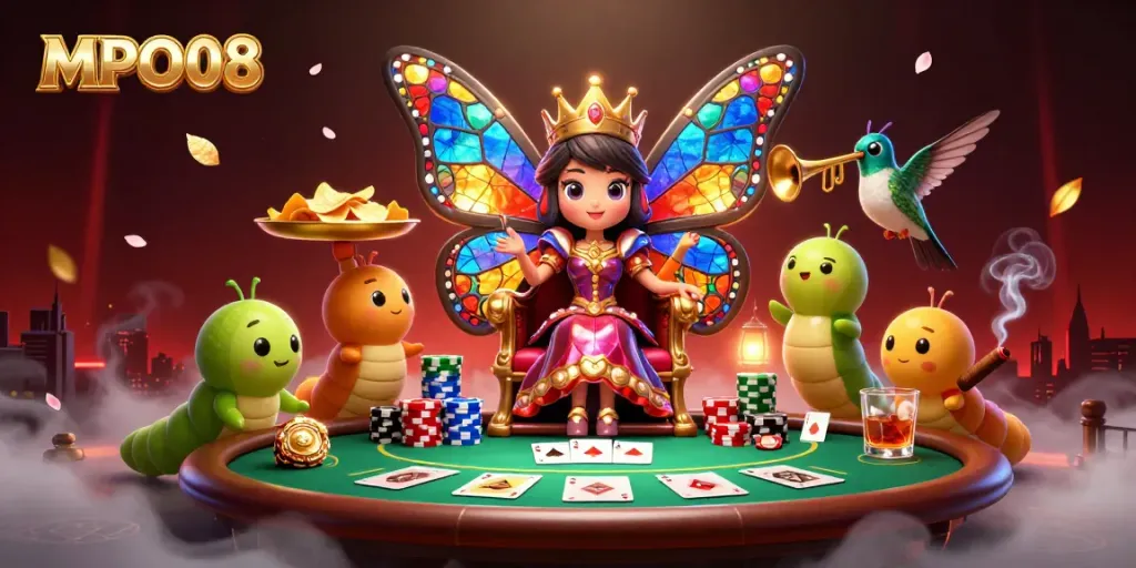 MPO08 presents a vibrant 3D casino scene with a butterfly queen amidst poker elements, highlighting a rich gaming experience.