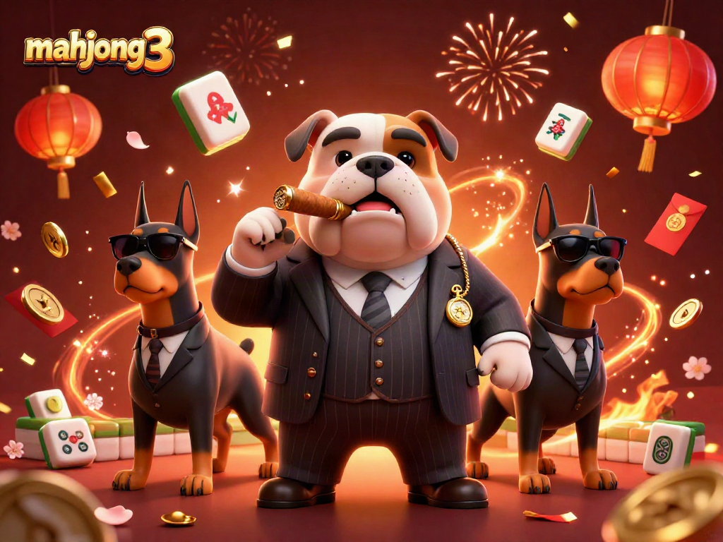 Engage in mahjong 3 with a vibrant mafia-themed casino illustration featuring lively symbols and characters.