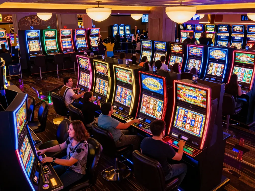 Players celebrating big wins on slot machines in a lively casino atmosphere