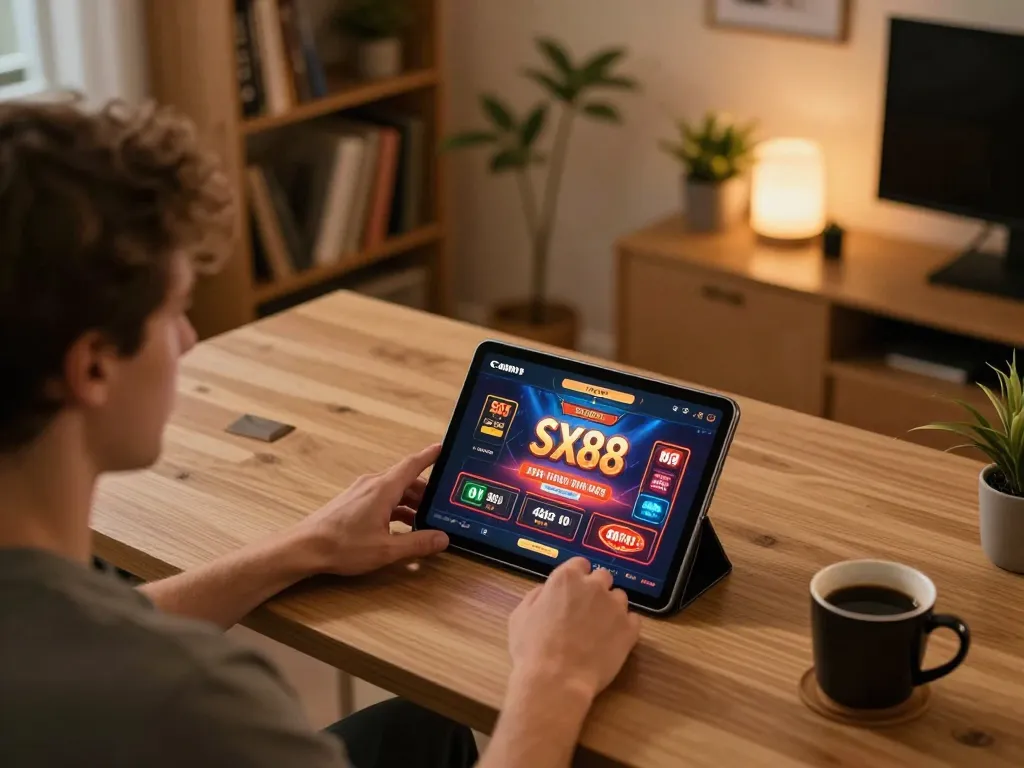 SX88 casino app displayed on tablet during a cozy online gaming session, showcasing responsible gambling.