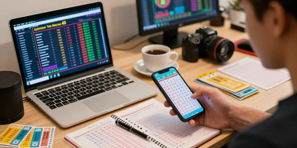 Pengguna memeriksa hasil Bandar Toto Macau di smartphone dalam suasana online yang dinamis.